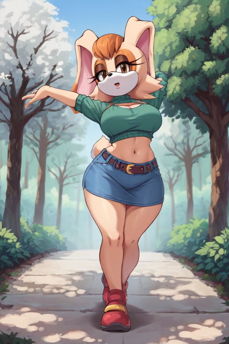 score_9, score_8_up, score_7_up, score_6_up, score_5_up, score_4_up, (Source sonic), (rating safe), vanilla the rabbit, 1girl, solo, outside, wearing blue jeans, green sweater, shirt cutout, large breasts, brown eyes, looking at viewer, standing, outside, trees, fall weather,  , wide hips, rabbit girl, short hair, body fur, dynamic pose, anime style,flashing belly,stomach_punch,cammystretch, stretching,leaning forward,arms up, RakkunVTSDXL,Big_Boobs,Huge_Boobs_Anime,skirt,belt