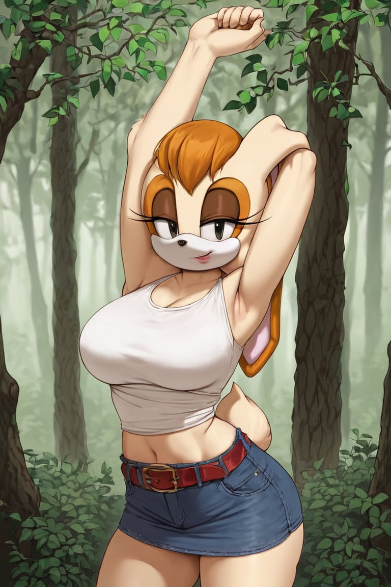 score_9, score_8_up, score_7_up, score_6_up, score_5_up, score_4_up, (Source sonic), (rating safe), vanilla the rabbit, 1girl, solo, outside, wearing black jeans,large breasts, black eyes, looking at viewer, standing, outside, trees, fall weather,  , wide hips, rabbit girl, short hair, body fur, dynamic pose, anime style,flashing belly,stomach_punch,cammystretch, stretching,leaning forward,arms up, RakkunVTSDXL,Big_Boobs,Huge_Boobs_Anime, short skirt,belt