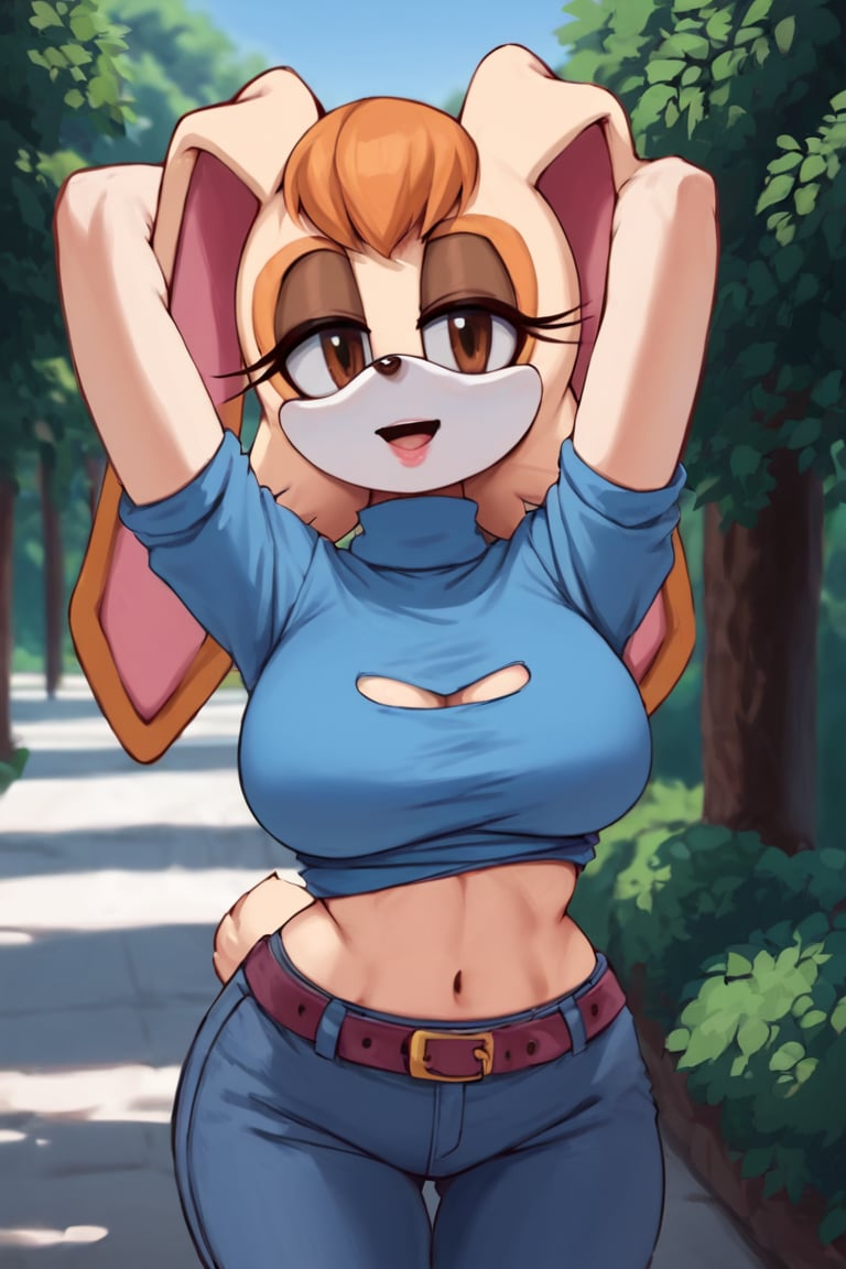 score_9, score_8_up, score_7_up, score_6_up, score_5_up, score_4_up, (Source sonic), (rating safe), vanilla the rabbit, 1girl, solo, outside, wearing blue jeans, blue sweater, shirt cutout, large breasts, brown eyes, looking at viewer, standing, outside, trees, fall weather,  , wide hips, rabbit girl, short hair, body fur, dynamic pose, anime style,flashing belly,stomach_punch,cammystretch, stretching,leaning forward,arms up, RakkunVTSDXL,Big_Boobs,Huge_Boobs_Anime,skirt,belt