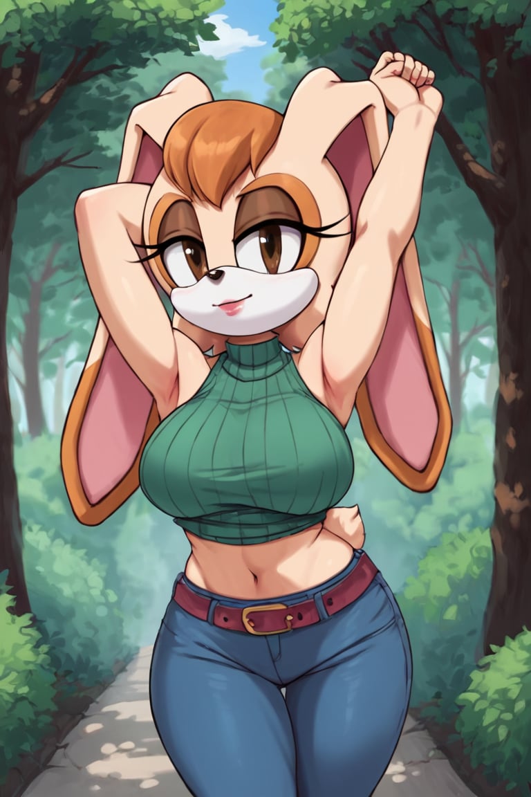 score_9, score_8_up, score_7_up, score_6_up, score_5_up, score_4_up, (Source sonic), (rating safe), vanilla the rabbit, 1girl, solo, outside, wearing blue jeans, green sweater, shirt cutout, large breasts, brown eyes, looking at viewer, standing, outside, trees, fall weather,  , wide hips, rabbit girl, short hair, body fur, dynamic pose, anime style,flashing belly,stomach_punch,cammystretch, stretching,leaning forward,arms up, RakkunVTSDXL,Big_Boobs,Huge_Boobs_Anime,skirt,belt