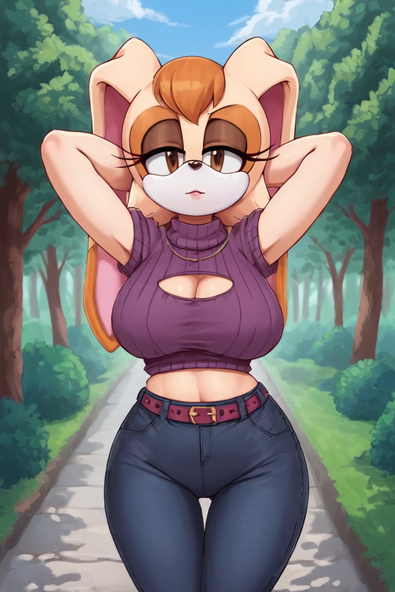 score_9, score_8_up, score_7_up, score_6_up, score_5_up, score_4_up, (Source sonic), (rating safe), vanilla the rabbit, 1girl, solo, outside, wearing black jeans, violet sweater, shirt cutout, large breasts, brown eyes, looking at viewer, standing, outside, trees, fall weather,  , wide hips, rabbit girl, short hair, body fur, dynamic pose, anime style,flashing belly,stomach_punch,cammystretch, stretching,leaning forward,arms up, RakkunVTSDXL,Big_Boobs,Huge_Boobs_Anime,skirt,belt