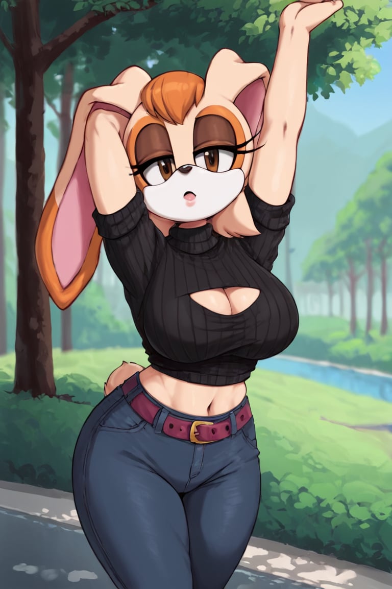 score_9, score_8_up, score_7_up, score_6_up, score_5_up, score_4_up, (Source sonic), (rating safe), vanilla the rabbit, 1girl, solo, outside, wearing black jeans, black sweater, shirt cutout, large breasts, brown eyes, looking at viewer, standing, outside, trees, fall weather,  , wide hips, rabbit girl, short hair, body fur, dynamic pose, anime style,flashing belly,stomach_punch,cammystretch, stretching,leaning forward,arms up, RakkunVTSDXL,Big_Boobs,Huge_Boobs_Anime,skirt,belt