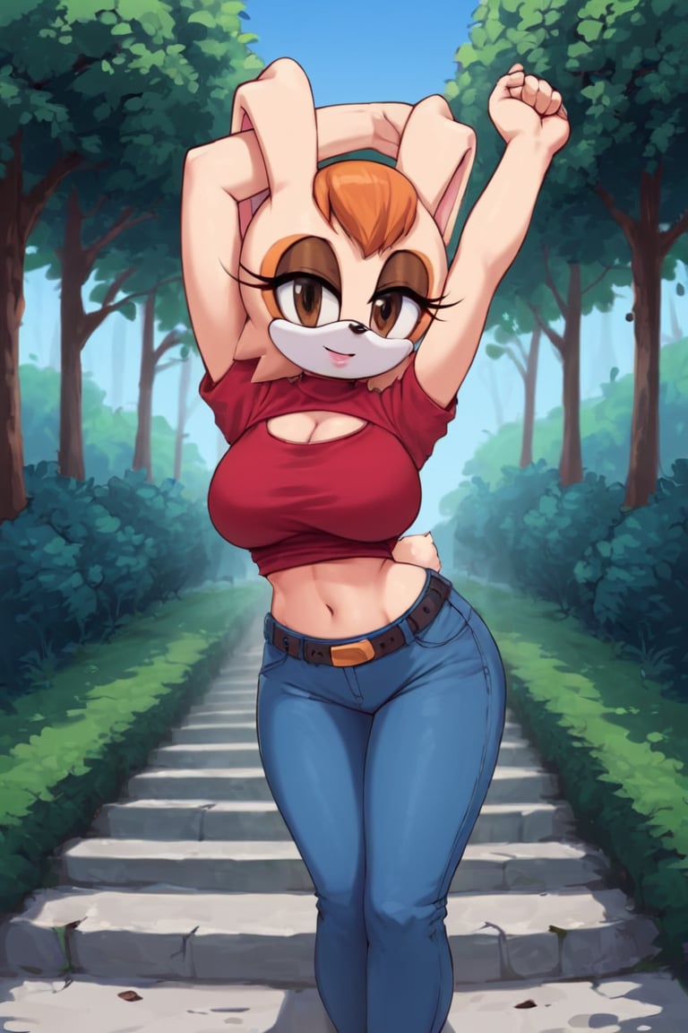 score_9, score_8_up, score_7_up, score_6_up, score_5_up, score_4_up, (Source sonic), (rating safe), vanilla the rabbit, 1girl, solo, outside, wearing blue jeans, red sweater, shirt cutout, large breasts, brown eyes, looking at viewer, standing, outside, trees, fall weather,  , wide hips, rabbit girl, short hair, body fur, dynamic pose, anime style,flashing belly,stomach_punch,cammystretch, stretching,leaning forward,arms up, RakkunVTSDXL,Big_Boobs,Huge_Boobs_Anime,skirt,belt