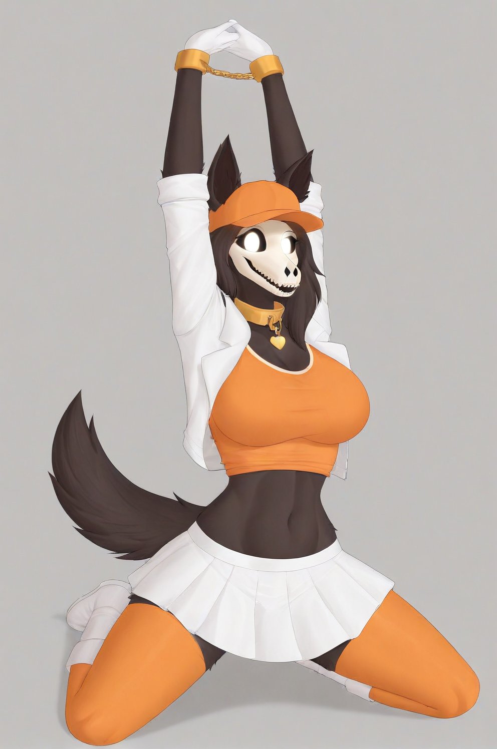 MalOXL, furry female, masterpiece, high quality, large breasts, scp-1471, black fur, orange top, white skirt, white jacket, flashing belly,arms up,cammystretch, stretching, kneeling, white boots, white gloves, golden chained hands, orange stockings, orange hat,  golden collar, white gloves, big boobs