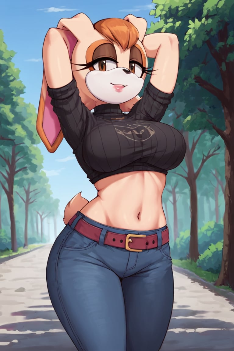 score_9, score_8_up, score_7_up, score_6_up, score_5_up, score_4_up, (Source sonic), (rating safe), vanilla the rabbit, 1girl, solo, outside, wearing black jeans, black sweater, shirt cutout, large breasts, brown eyes, looking at viewer, standing, outside, trees, fall weather,  , wide hips, rabbit girl, short hair, body fur, dynamic pose, anime style,flashing belly,stomach_punch,cammystretch, stretching,leaning forward,arms up, RakkunVTSDXL,Big_Boobs,Huge_Boobs_Anime,skirt,belt