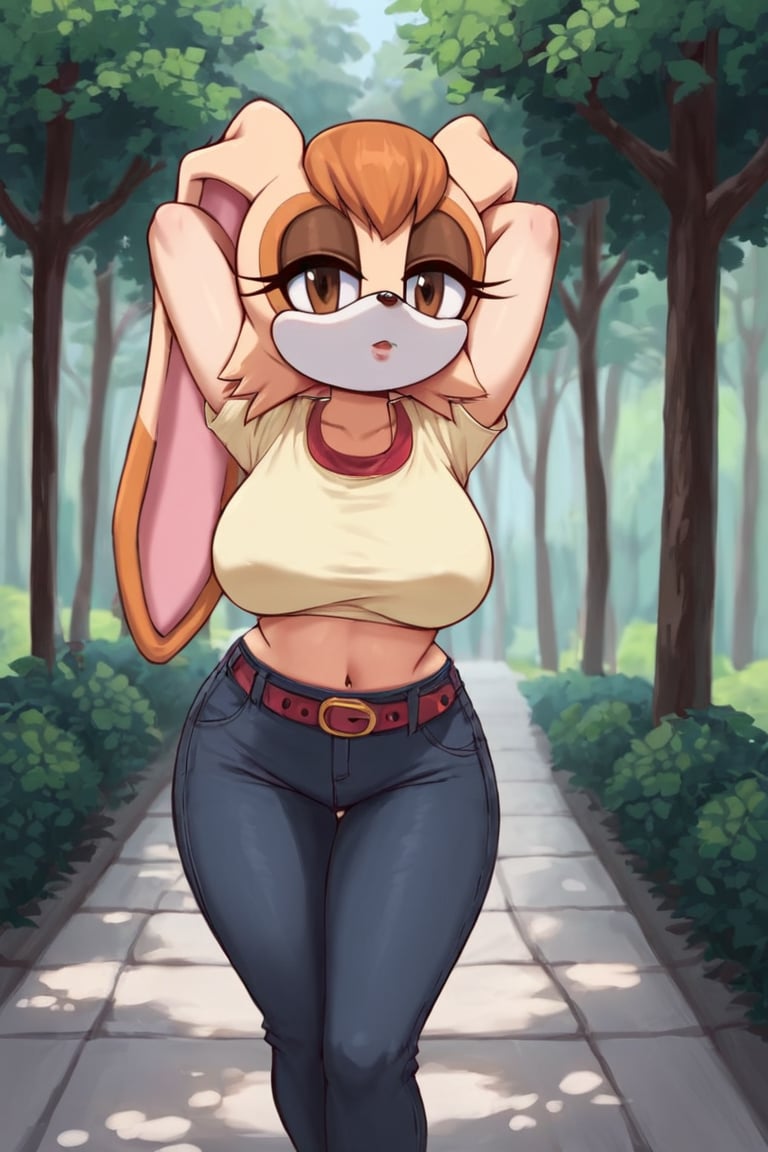 score_9, score_8_up, score_7_up, score_6_up, score_5_up, score_4_up, (Source sonic), (rating safe), vanilla the rabbit, 1girl, solo, outside, wearing black jeans, yellow sweater, shirt cutout, large breasts, brown eyes, looking at viewer, standing, outside, trees, fall weather,  , wide hips, rabbit girl, short hair, body fur, dynamic pose, anime style,flashing belly,stomach_punch,cammystretch, stretching,leaning forward,arms up, RakkunVTSDXL,Big_Boobs,Huge_Boobs_Anime,skirt,belt