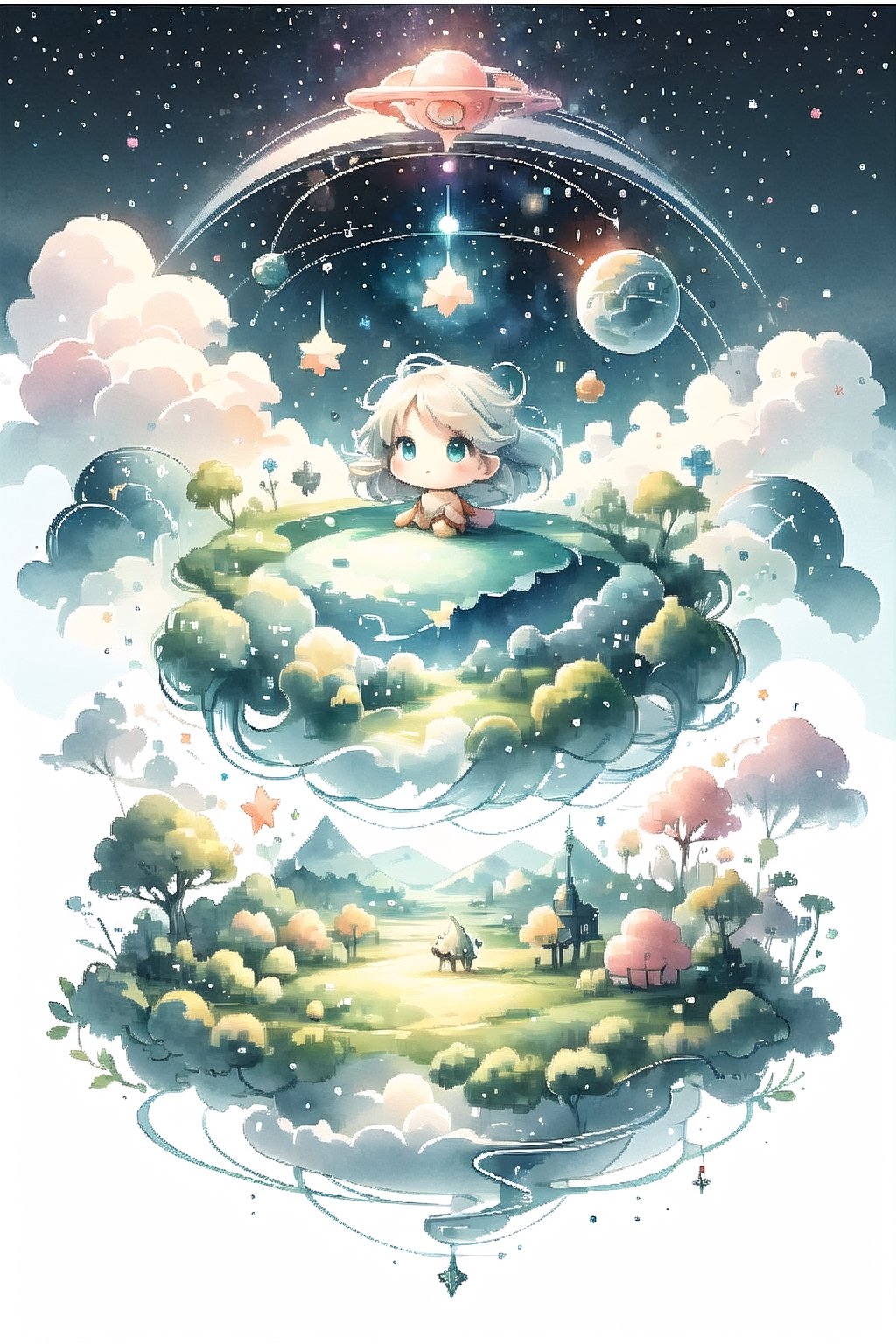 girl, chibi, landscape, space fantasy, magical floating islands, celestial creatures, whimsical atmosphere


,CuteSt1,