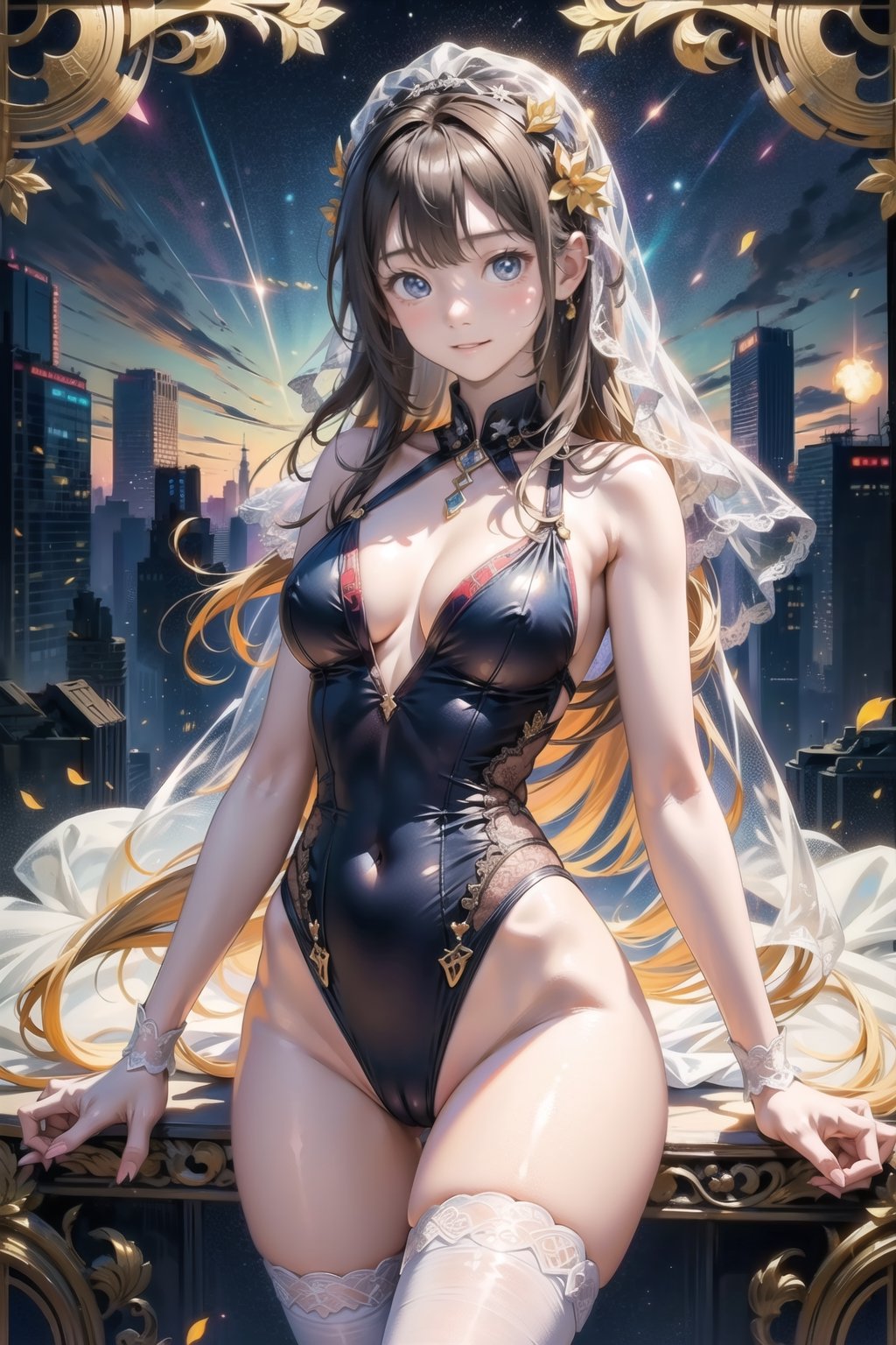 主：(((Thigh to upper body photo))), 
特：(((Colorful and magical doomsday city))), (masterpiece, highest quality, extreme detailed, best quality, official art, beautiful and aesthetic:1.2), (1girl), extreme detailed,(fractal art:1.3),colorful,highest detailed,High detailed,With a very high artistic composition style, 
髮：(((long hair))), 
服：((((Super transparent one-piece swimsuit made of white tulle))), (The white one-piece swimsuit has beautiful embroidery patterns on it),(((deep V low neckline))),(((compression stockings))),(((Transparent lace veil))),