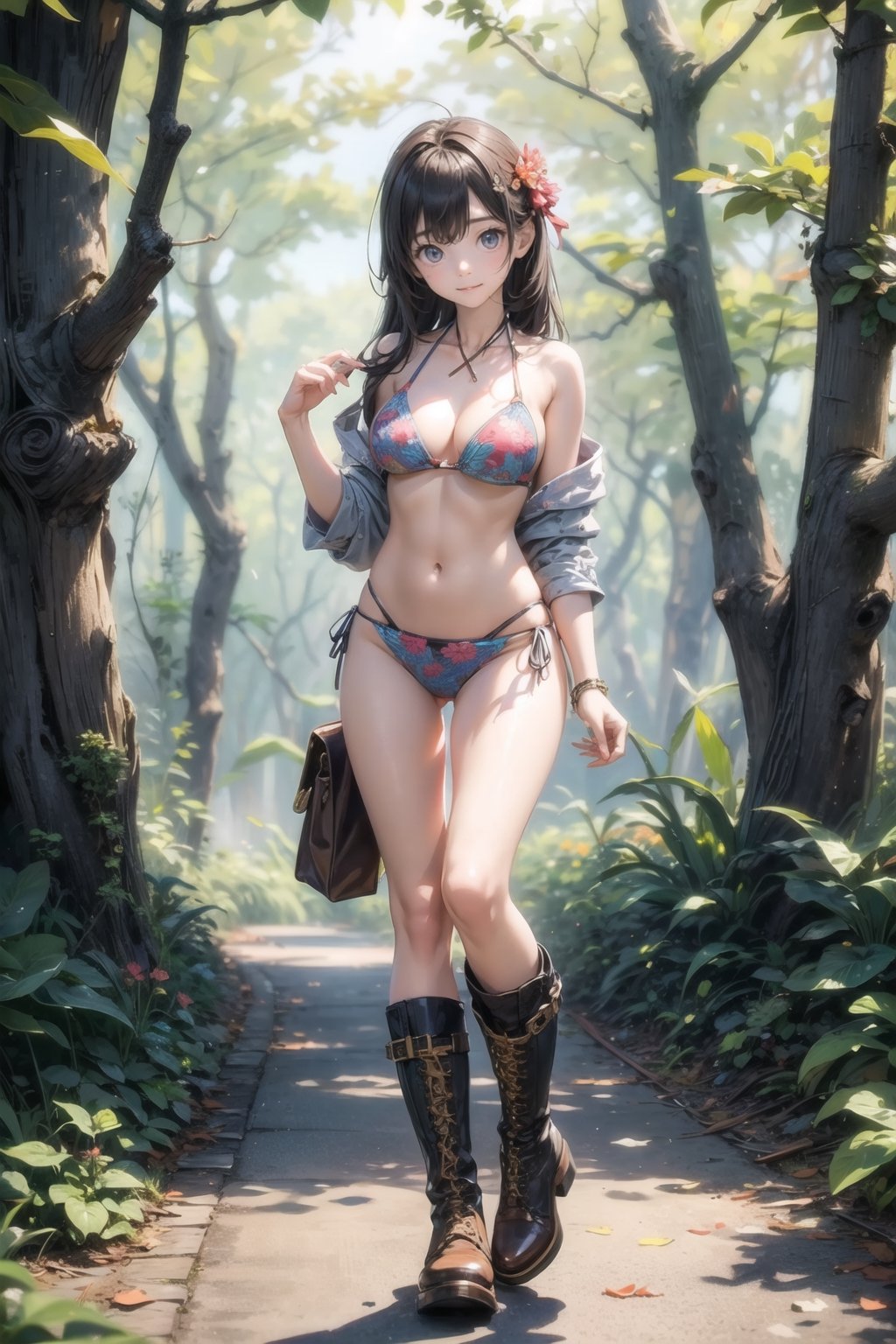 主: (foggy woods), ((Full body image)),
人：1litte 1kid 7yo gril (Child:1.2),
髮：(long hair),
服: (((bikini with beautiful pattern))),(boots),(((deep V low neckline))),Ancient costume