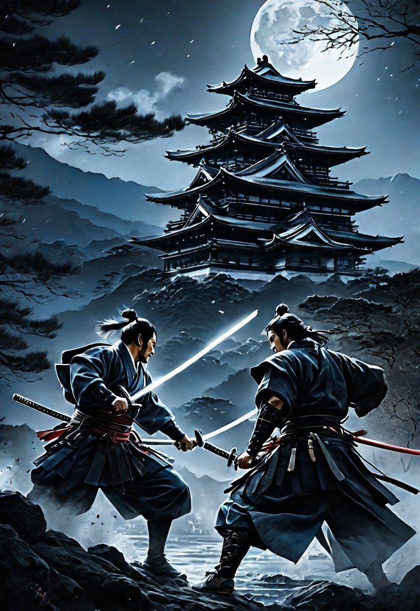 A complex action movie. Two samurai, facing each other and fighting with swords, view from below, in front of an old Japanese castle in the moonlight, historical drama, dramatic movement, fierce battle, atmosphere, cinematography, photography, pencil, watercolor, bright, rich Color, Gabriele Delotto, Charles Victor Thirion, Karl Eugen Kiel, Karl Lundgren, pencil drawing