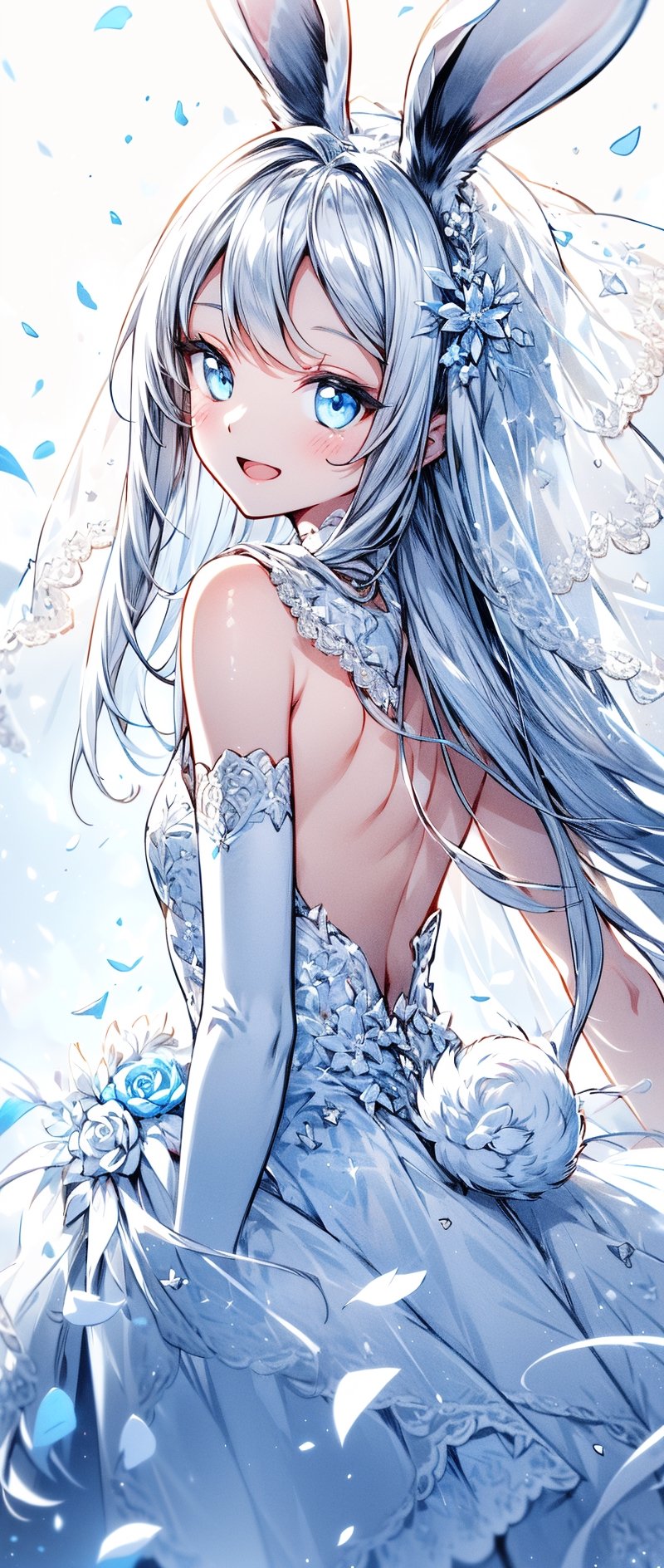 1 rabbit girl, (iolite eyes:1.1), rabbit ears, rabbit tail, light blue hair, parted bangs, (half-closed eyes:0.8), smile, open mouth, small face, 
veil, (bridal:1.1), carefully embroidered wedding dress, elbow gloves, 
(carpet:0.8), flower, blessed shining sunlight, (light particles:1.1), white petal, (church:0.8), 
sharp focus, face focus, looking at viewer, cowboy shot, from behind, solo, 
(intricate:1.1), (bright white theme:1.3), (bright white tone:1.3), (silver tone:1.3), illustration