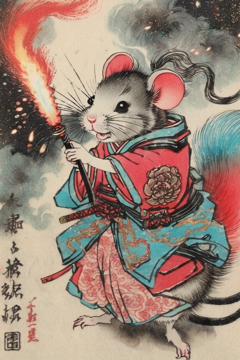 rat, 1girl, weapon,, ink, Chinese ink painting, smoke,glitter,chibi,Ukiyo-e,colorful