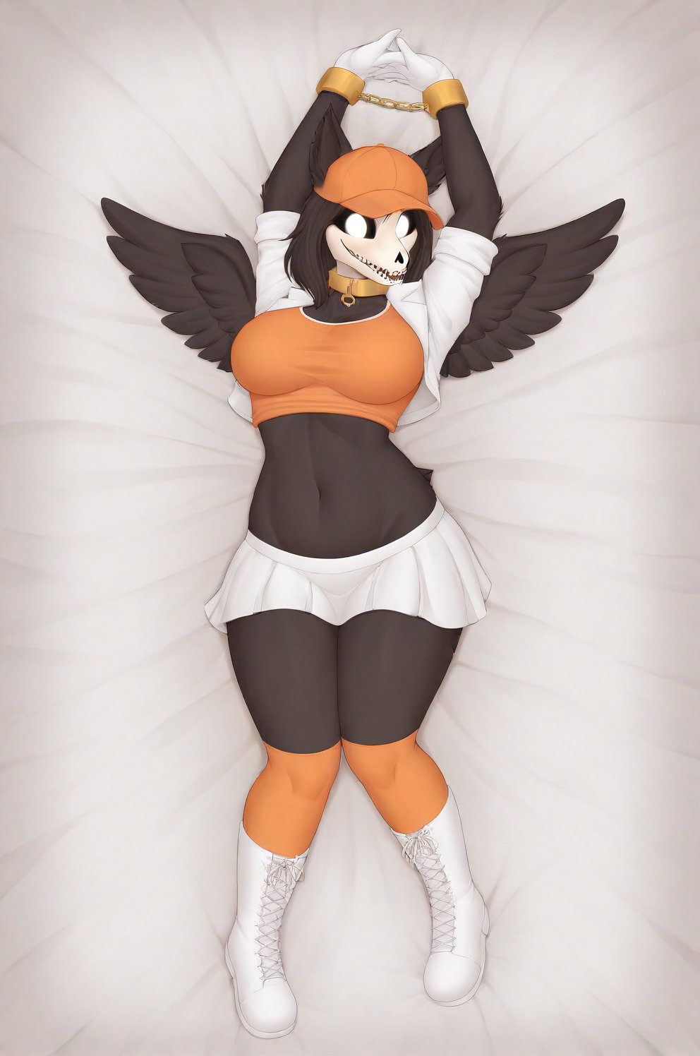 MalOXL, furry female, masterpiece, high quality, large breasts, scp-1471, black fur, orange top, white skirt, white jacket, flashing belly,arms up,cammystretch, stretching, lying in bed, white boots, white gloves, golden chained hands, orange stockings, orange hat,  golden collar, white gloves, big boobs, legs tied, small black wings