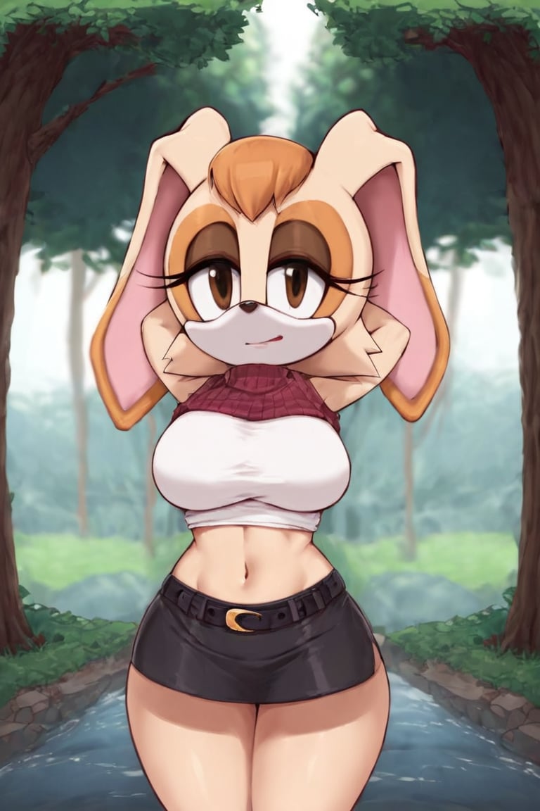 score_9, score_8_up, score_7_up, score_6_up, score_5_up, score_4_up, (Source sonic), (rating safe), vanilla the rabbit, 1girl, solo, outside, short sweater, shirt cutout, large breasts, brown eyes, looking at viewer, standing, outside, trees, fall weather,  , wide hips, rabbit girl, short hair, body fur, dynamic pose, anime style,flashing belly,stomach_punch,cammystretch, stretching,leaning forward,arms up, RakkunVTSDXL,Big_Boobs,Huge_Boobs_Anime, short  skirt,belt