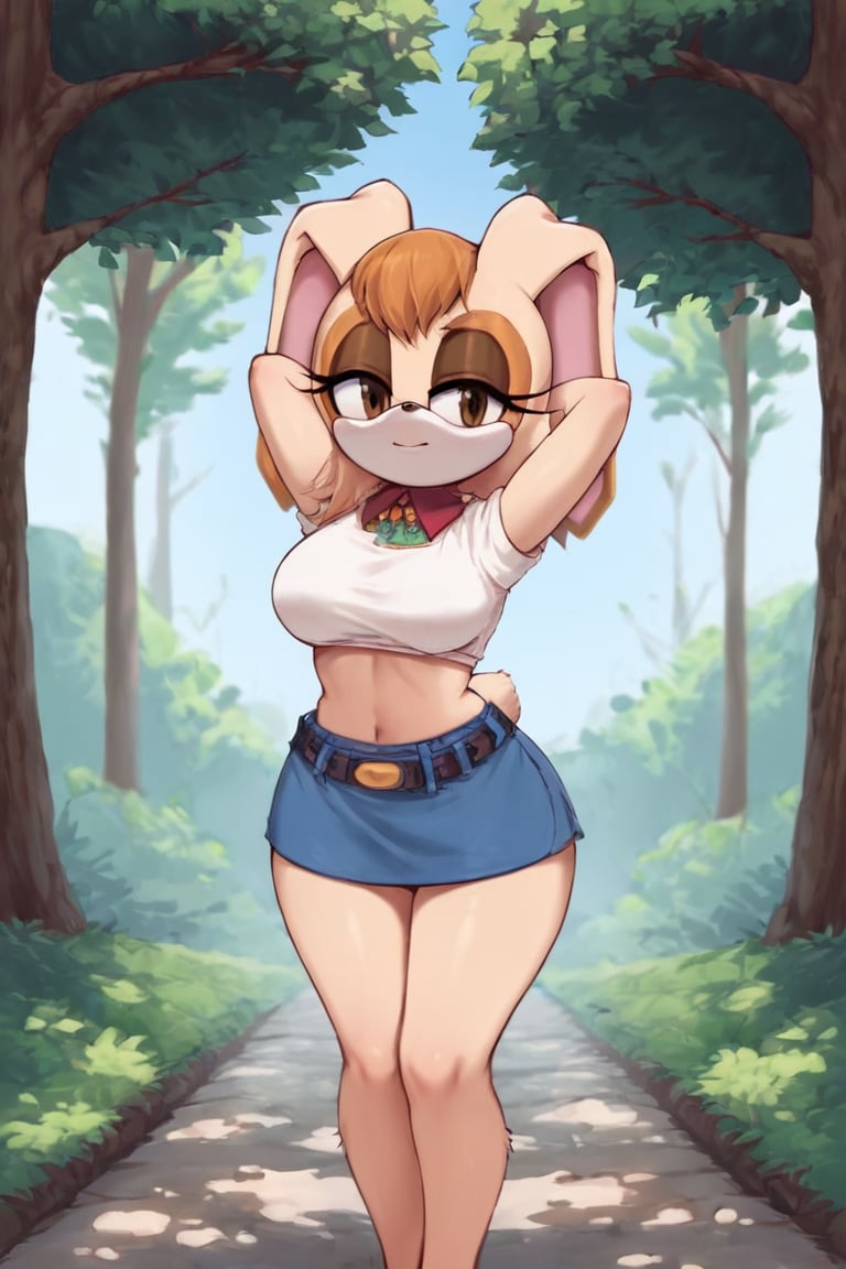 score_9, score_8_up, score_7_up, score_6_up, score_5_up, score_4_up, (Source sonic), (rating safe), vanilla the rabbit, 1girl, solo, outside, short sweater, shirt cutout, large breasts, brown eyes, looking at viewer, standing, outside, trees, fall weather,  , wide hips, rabbit girl, short hair, body fur, dynamic pose, anime style,flashing belly,stomach_punch,cammystretch, stretching,leaning forward,arms up, RakkunVTSDXL,Big_Boobs,Huge_Boobs_Anime, short  skirt,belt