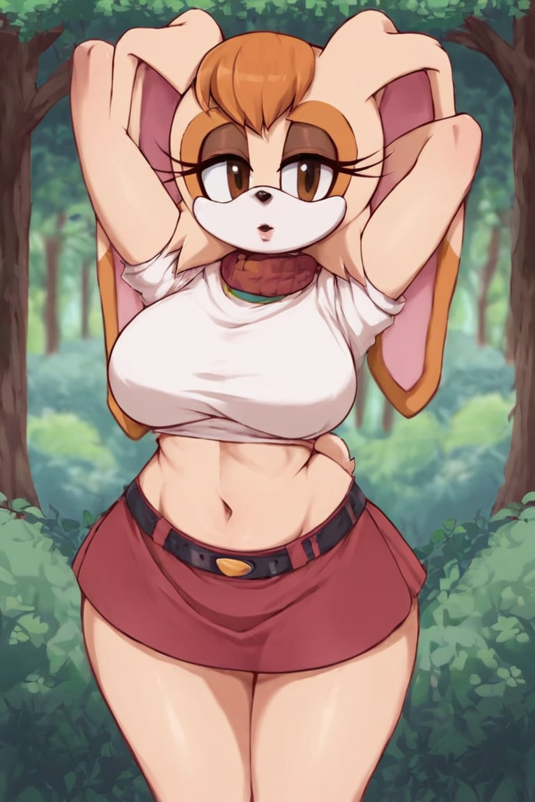 score_9, score_8_up, score_7_up, score_6_up, score_5_up, score_4_up, (Source sonic), (rating safe), vanilla the rabbit, 1girl, solo, outside, short sweater, shirt cutout, large breasts, brown eyes, looking at viewer, standing, outside, trees, fall weather,  , wide hips, rabbit girl, short hair, body fur, dynamic pose, anime style,flashing belly,stomach_punch,cammystretch, stretching,leaning forward,arms up, RakkunVTSDXL,Big_Boobs,Huge_Boobs_Anime, short  skirt,belt