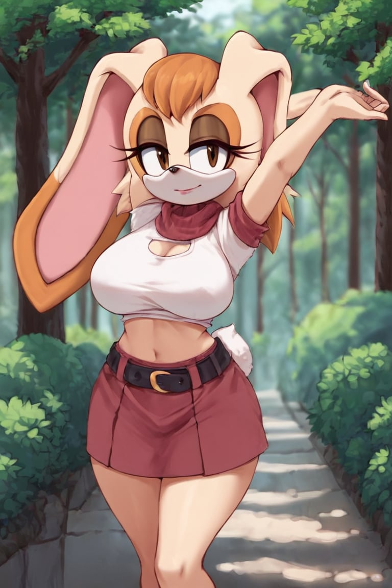 score_9, score_8_up, score_7_up, score_6_up, score_5_up, score_4_up, (Source sonic), (rating safe), vanilla the rabbit, 1girl, solo, outside, short sweater, shirt cutout, large breasts, brown eyes, looking at viewer, standing, outside, trees, fall weather,  , wide hips, rabbit girl, short hair, body fur, dynamic pose, anime style,flashing belly,stomach_punch,cammystretch, stretching,leaning forward,arms up, RakkunVTSDXL,Big_Boobs,Huge_Boobs_Anime, short  skirt,belt