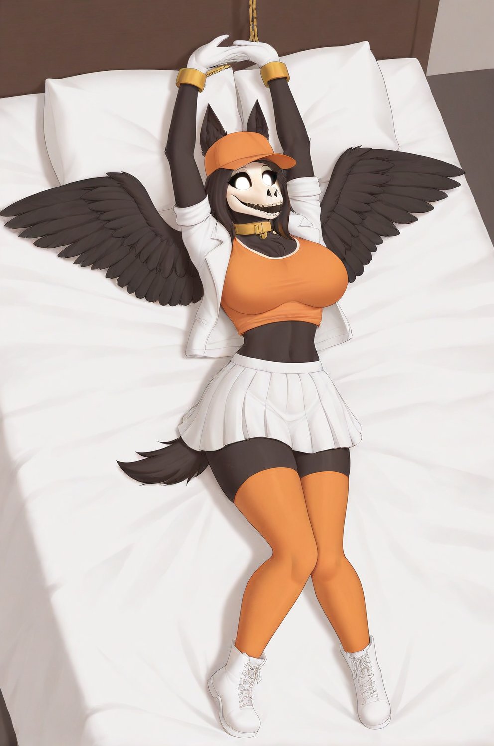 MalOXL, furry female, masterpiece, high quality, large breasts, scp-1471, black fur, orange top, white skirt, white jacket, flashing belly,arms up,cammystretch, stretching, lying in bed, white boots, white gloves, golden chained hands, orange stockings, orange hat,  golden collar, white gloves, big boobs, legs tied, black wings