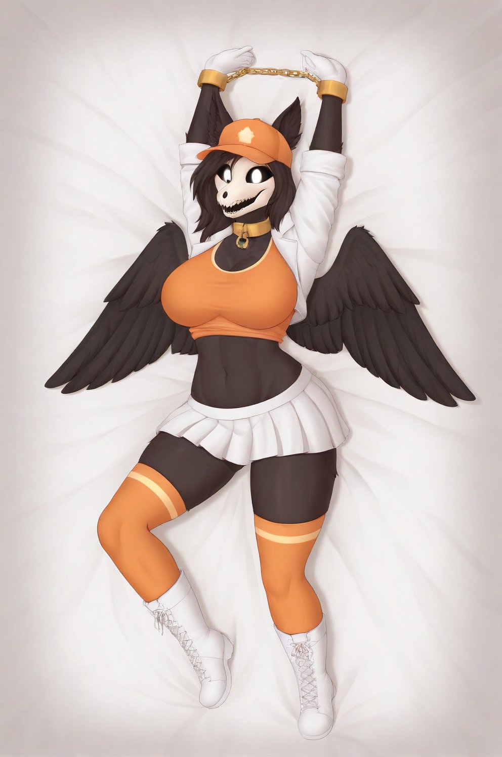 MalOXL, furry female, masterpiece, high quality, large breasts, scp-1471, black fur, orange top, white skirt, white jacket, flashing belly,arms up,cammystretch, stretching, lying in bed, white boots, white gloves, golden chained hands, orange stockings, orange hat,  golden collar, white gloves, big boobs, legs tied, black wings