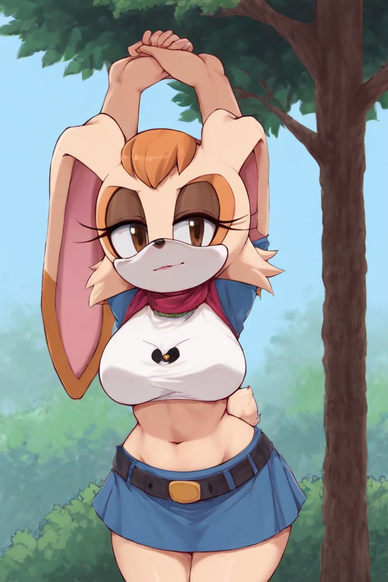 score_9, score_8_up, score_7_up, score_6_up, score_5_up, score_4_up, (Source sonic), (rating safe), vanilla the rabbit, 1girl, solo, outside, short sweater, shirt cutout, large breasts, brown eyes, looking at viewer, standing, outside, trees, fall weather,  , wide hips, rabbit girl, short hair, body fur, dynamic pose, anime style,flashing belly,stomach_punch,cammystretch, stretching,leaning forward,arms up, RakkunVTSDXL,Big_Boobs,Huge_Boobs_Anime, short  skirt,belt