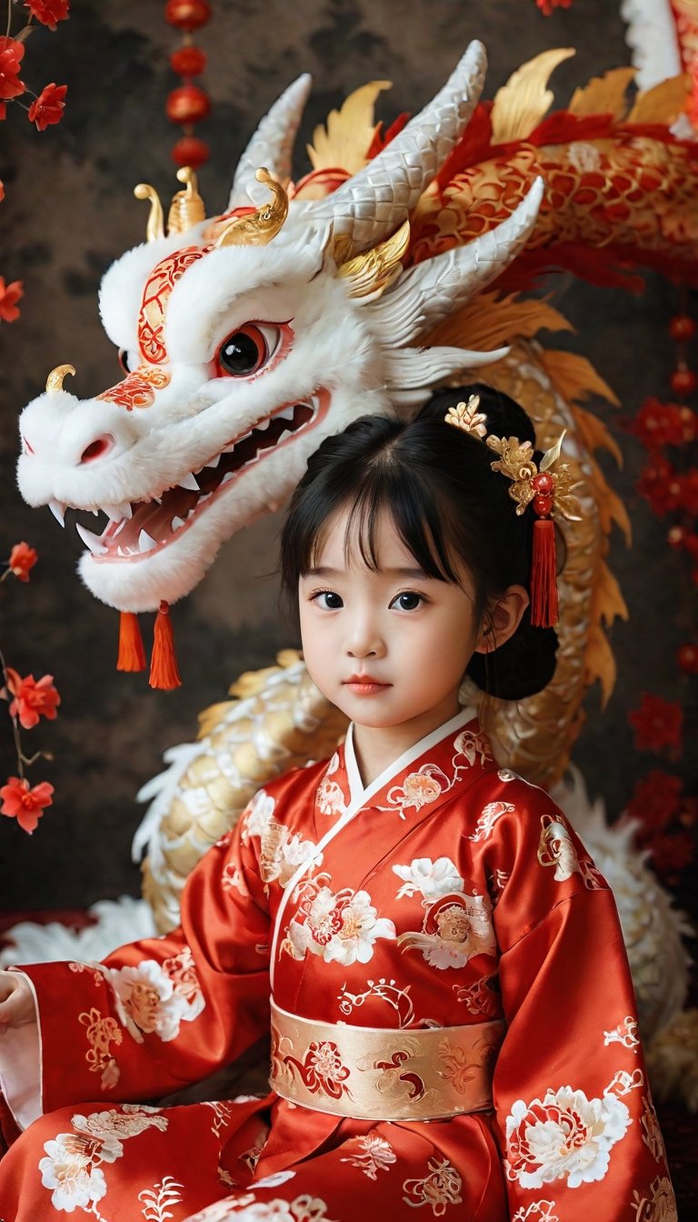 A 2-year-old girl, Chinese New Year wallpaper dragon and little girl, Chinese dragon,surrealist style portrait, cute and dreamy, Hanfu,exquisite dragon pattern, ancient Chinese style, soft and dreamy atmosphere, traditional Chinese clothing, high angle view, soft light, 16K Resolution, Children Photography