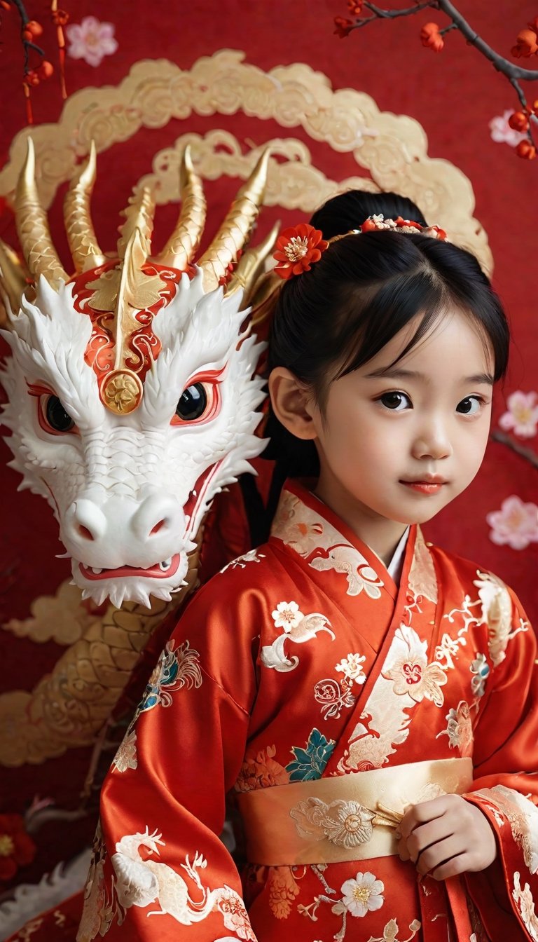A 2-year-old girl, Chinese New Year wallpaper dragon and little girl, Chinese dragon,surrealist style portrait, cute and dreamy, Hanfu,exquisite dragon pattern, ancient Chinese style, soft and dreamy atmosphere, traditional Chinese clothing, high angle view, soft light, 16K Resolution, Children Photography