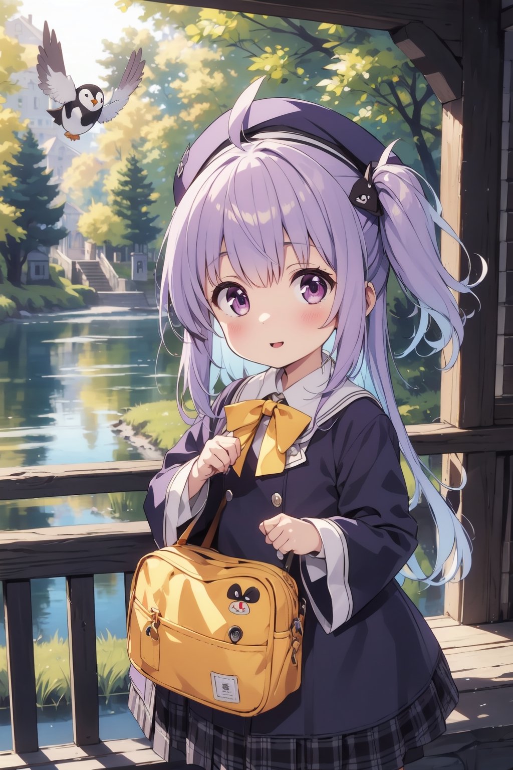 masterpiece,illustration,ray tracing,finely detailed,best detailed,Clear picture,intricate details,highlight,
anime,
gothic architecture,
looking at viewer,

nature,gothic architecture,bird,the lakeside in the heart of the forest,the staircase of the balcony,

NikkeRei,
1girl,loli,baby,long hair,hat,light purple hair,
yellow bow,yellow bag,skirt,upper body,
NikkePenguin,Penguin,