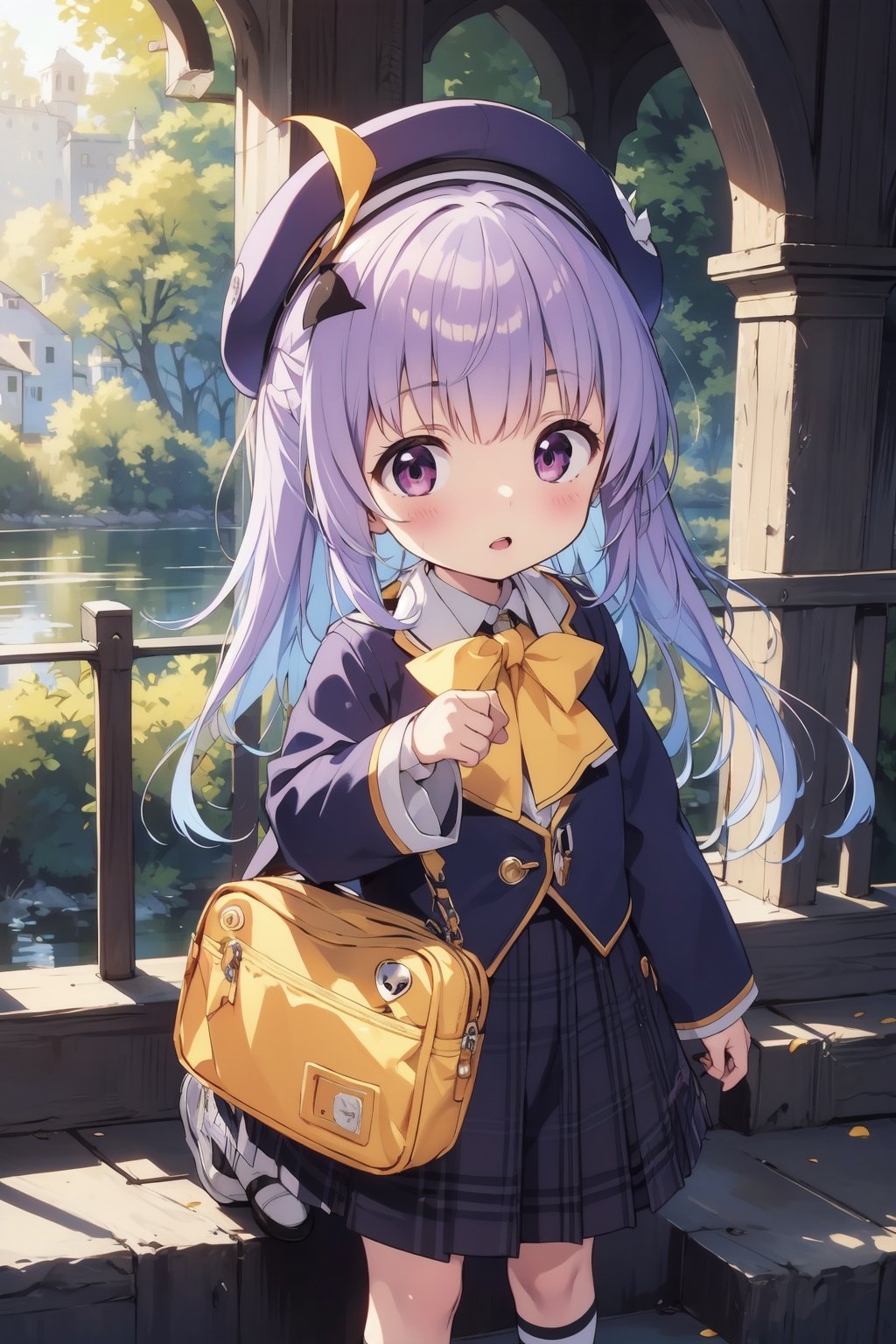 masterpiece,illustration,ray tracing,finely detailed,best detailed,Clear picture,intricate details,highlight,
anime,
gothic architecture,
looking at viewer,

nature,gothic architecture,bird,the lakeside in the heart of the forest,the staircase of the balcony,

NikkeRei,
1girl,loli,baby,long hair,hat,light purple hair,
yellow bow,yellow bag,skirt,upper body,
NikkePenguin,Penguin,