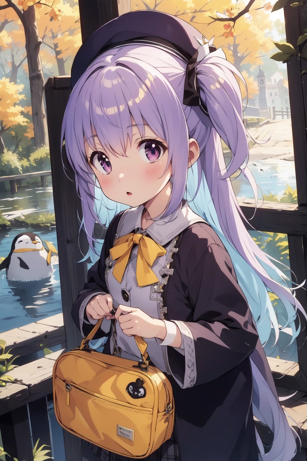 masterpiece,illustration,ray tracing,finely detailed,best detailed,Clear picture,intricate details,highlight,
anime,
gothic architecture,
looking at viewer,

nature,gothic architecture,bird,the lakeside in the heart of the forest,the staircase of the balcony,

NikkeRei,
1girl,loli,baby,long hair,hat,light purple hair,
yellow bow,yellow bag,skirt,upper body,
NikkePenguin,Penguin,