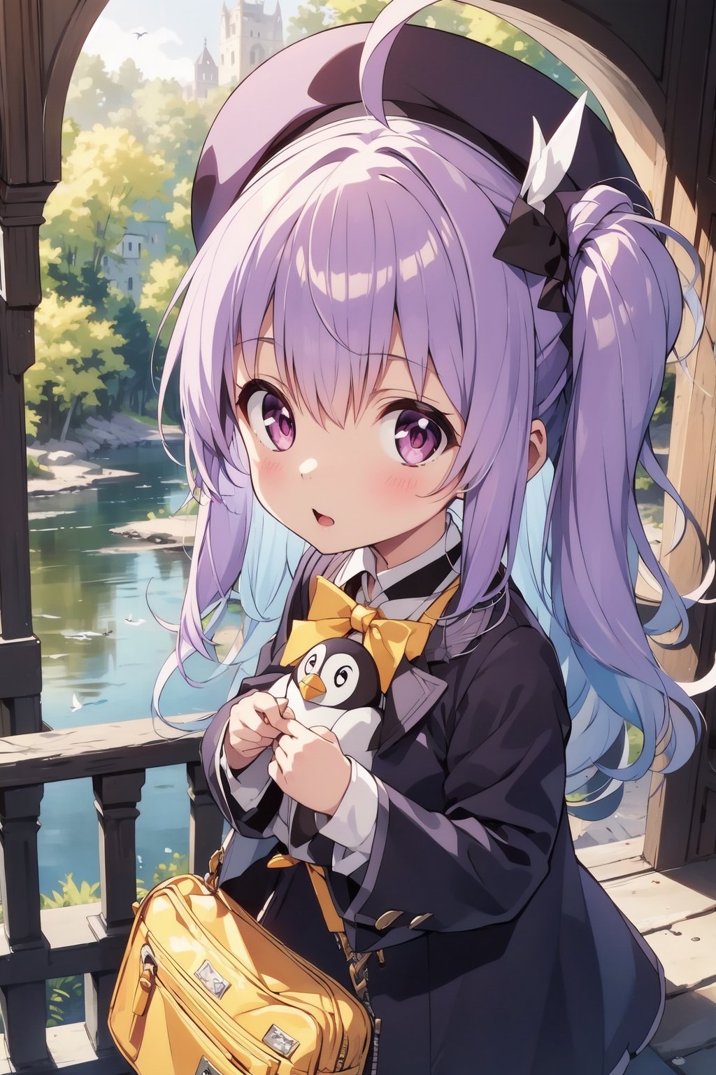 masterpiece,illustration,ray tracing,finely detailed,best detailed,Clear picture,intricate details,highlight,
anime,
gothic architecture,
looking at viewer,

nature,gothic architecture,bird,the lakeside in the heart of the forest,the staircase of the balcony,

NikkeRei,
1girl,loli,baby,long hair,hat,light purple hair,
yellow bow,yellow bag,skirt,upper body,
NikkePenguin,Penguin,