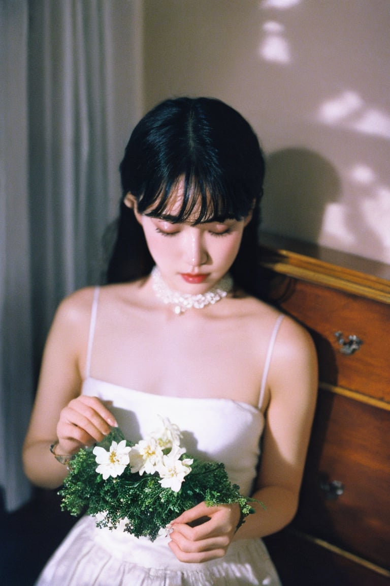 A dreamy, nostalgic scene unfolds as a 22-year-old girl with raven-black hair and porcelain-pale skin sits serenely against a dark, cinematic background. Her delicate features are partially obscured by a floral choker that blooms across her left eye like a tender vine. A soft, white satin skirt flows around her upper body, creating a sense of gentle movement. The vintage, analog photo aesthetic is heightened by the warm, faded tones and visible film grain, evoking a sense of nostalgia. The composition is illuminated by a subtle Tyndall effect, casting a mystical glow on the subject's features. Every detail is meticulously rendered, from the fine dust particles suspended in mid-air to the beautifully detailed shadows that dance across her skin. Hyper-detailed, this illustration masterfully captures the essence of a bygone era.