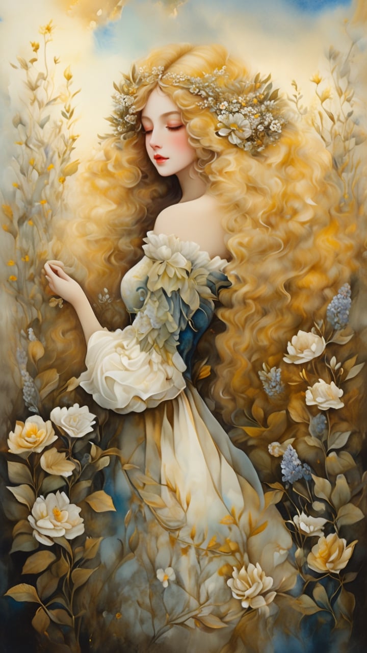 masterpiece, top quality, best quality, official art, beautiful and aesthetic:1.2), extreme detailed. 1 girl, long blonde hair, flowers and leaves entwined within her tresses, shades of white and yellow, wearing white top, ruffled detailing, embroidered pastel color floral chest motif, sleeves billowing at shoulders, tapering to wrists, hands clasped, soft and delicate aesthetic, intricate details in hair and clothing, light-hued background, subject focused, digital painting,more detail XL,watercolor \(medium\), in the style of esao andrews,