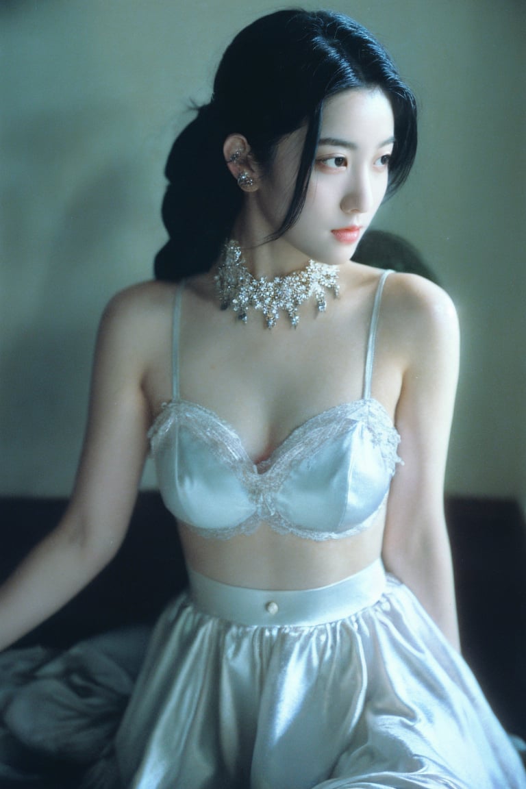 A dreamy, nostalgic scene unfolds as a 22-year-old girl with raven-black hair and porcelain-pale skin sits serenely against a dark, cinematic background. Her delicate features are partially obscured by a floral choker that blooms across her left eye like a tender vine. A soft, white satin skirt flows around her upper body, creating a sense of gentle movement. The vintage, analog photo aesthetic is heightened by the warm, faded tones and visible film grain, evoking a sense of nostalgia. The composition is illuminated by a subtle Tyndall effect, casting a mystical glow on the subject's features. Every detail is meticulously rendered, from the fine dust particles suspended in mid-air to the beautifully detailed shadows that dance across her skin. Hyper-detailed, this illustration masterfully captures the essence of a bygone era.