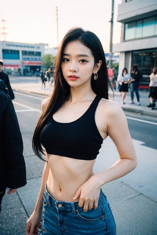 (Realistic, RAW photo, analog film photo), a professional portrait photo of  cute  sexy  Korean  K-pop idol wearing ( stylish fashion streetwear), , 8k uhd, high quality, film grain, (Fujifilm XT3),  JeeSoo , dream_girl, affectionate happy,  Korean urban background, sexy midriff, sexy navel, , busty