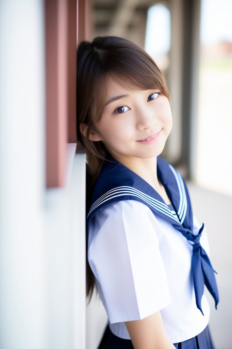A close-up portrait of a Japanese school girl, framed with soft natural lighting, capturing her youthful innocence. She is dressed in a traditional sailor-style school uniform, with a subtle smile, standing in a serene school hallway.