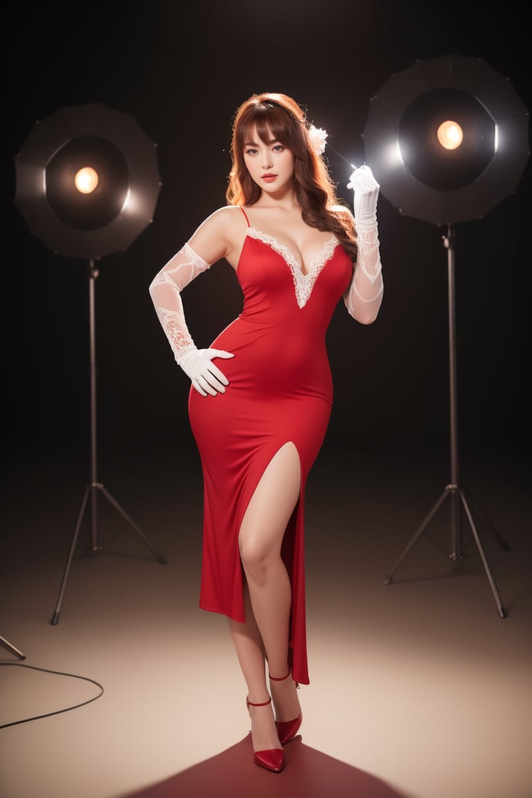 A sultry 1950s-inspired beauty, with porcelain skin and luscious locks, stands poised in a dimly lit studio. Softbox lights cast a warm glow on her curves as she gazes directly into the camera lens. Her figure-hugging red dress accentuates every feminine curve, while delicate lace gloves add a touch of whimsy to this vintage-inspired full-body portrait.