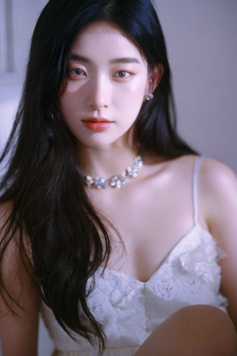 A dreamy, nostalgic scene unfolds as a 22-year-old girl with raven-black hair and porcelain-pale skin sits serenely against a dark, cinematic background. Her delicate features are partially obscured by a floral choker that blooms across her left eye like a tender vine. A soft, white satin skirt flows around her upper body, creating a sense of gentle movement. The vintage, analog photo aesthetic is heightened by the warm, faded tones and visible film grain, evoking a sense of nostalgia. The composition is illuminated by a subtle Tyndall effect, casting a mystical glow on the subject's features. Every detail is meticulously rendered, from the fine dust particles suspended in mid-air to the beautifully detailed shadows that dance across her skin. Hyper-detailed, this illustration masterfully captures the essence of a bygone era.