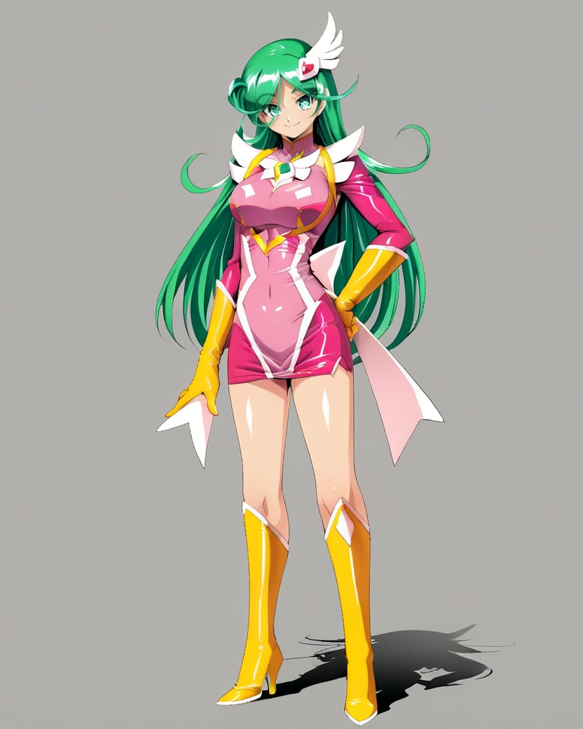 plmeteor,green hair,green eyes,long hair,hair ornament,large breasts,24yo,magical girl,yellow gloves,skirt,cleavage cutout,pink dress,1girl,solo,standing,hand on own hip,full body,yellow high heels boots,light smile,, score_9,score_8_up,score_7_up,source_anime,best quality,masterpiece,uncensored,detailed eyes,source_real, source_photo