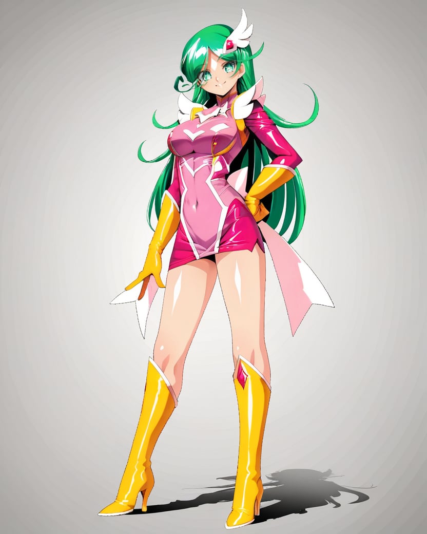 plmeteor,green hair,green eyes,long hair,hair ornament,large breasts,24yo,magical girl,yellow gloves,skirt,cleavage cutout,pink dress,1girl,solo,standing,hand on own hip,full body,yellow high heels boots,light smile,, score_9,score_8_up,score_7_up,source_anime,best quality,masterpiece,uncensored,detailed eyes,source_real, source_photo