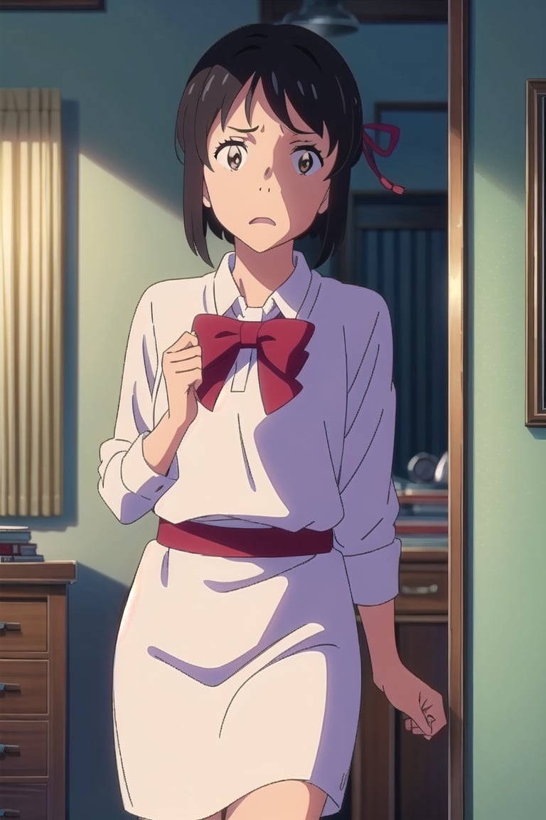 animated painting,anime screencap,mitsuhamiyamizu, , mitsuha miyamizu, black hair, ((brown eyes)),BREAK short hair, bow, ribbon,hair ribbon,red ribbon,BREAK indoors,bedroom, (cowboy shot:1.5),(open mouth),frown, BREAK , (masterpiece:1.2), best quality, high resolution,((in Shinkai Makoto style)) ,girl,(25 years old),shinkai makoto,(kimi no na wa),((
panic)),zcshinkai\(\style\),