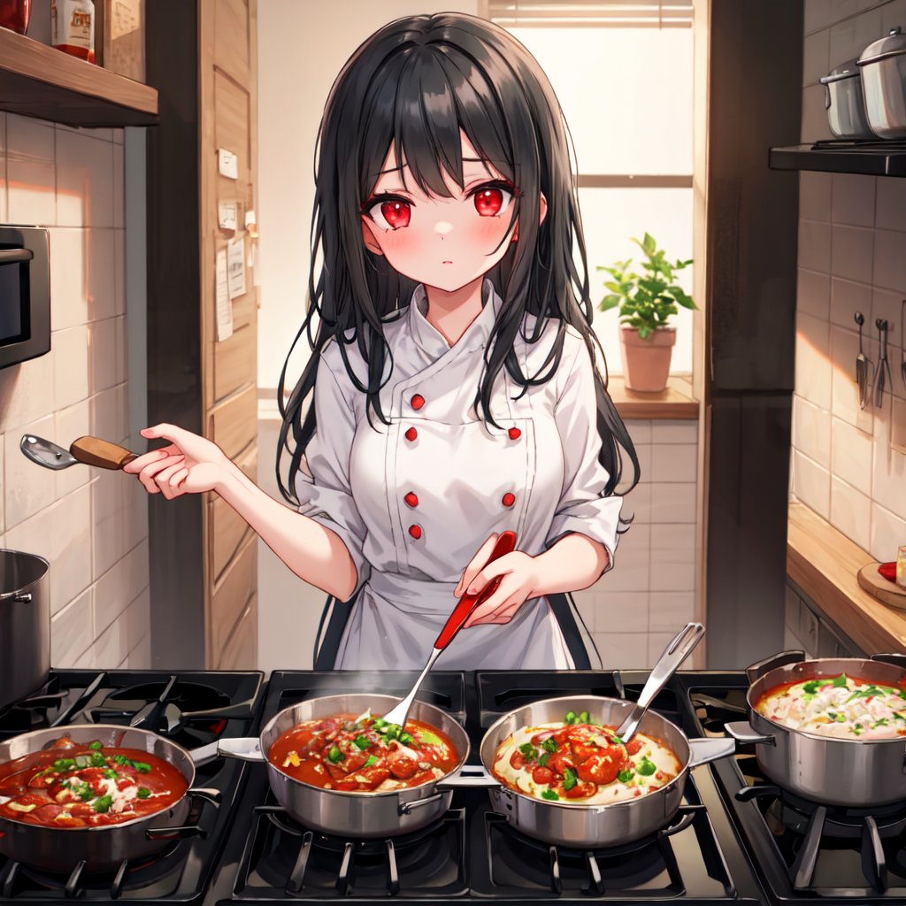 1 girl with long black hair and red eyes.
cooking.