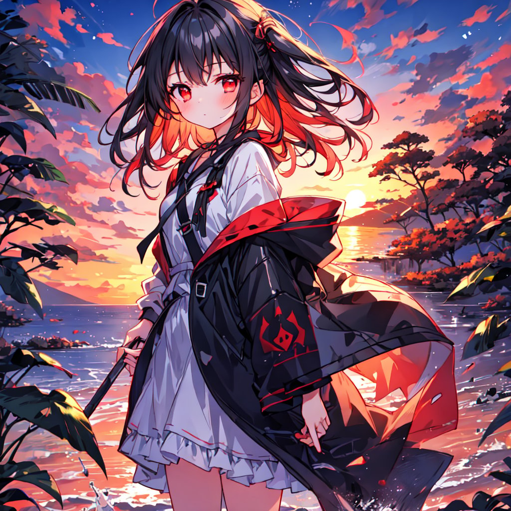 1 girl with black hair and red eyes.
Sunset background,style,masterpiece.