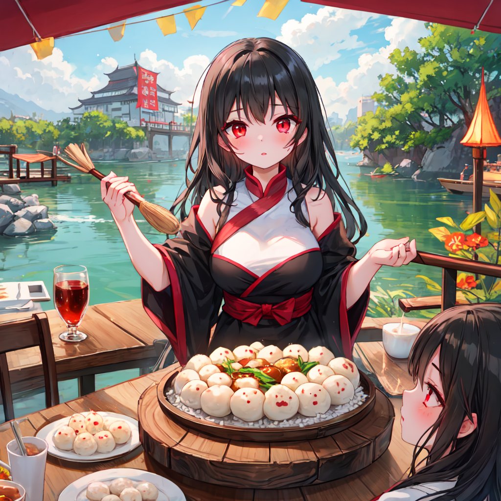 1 girl with long black hair and red eyes.
Dragon Boat Festival table rice dumplings
