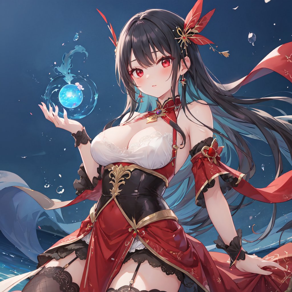 magic Girl with black Doubletailhair and  beautiful detailed red eyes,score_9