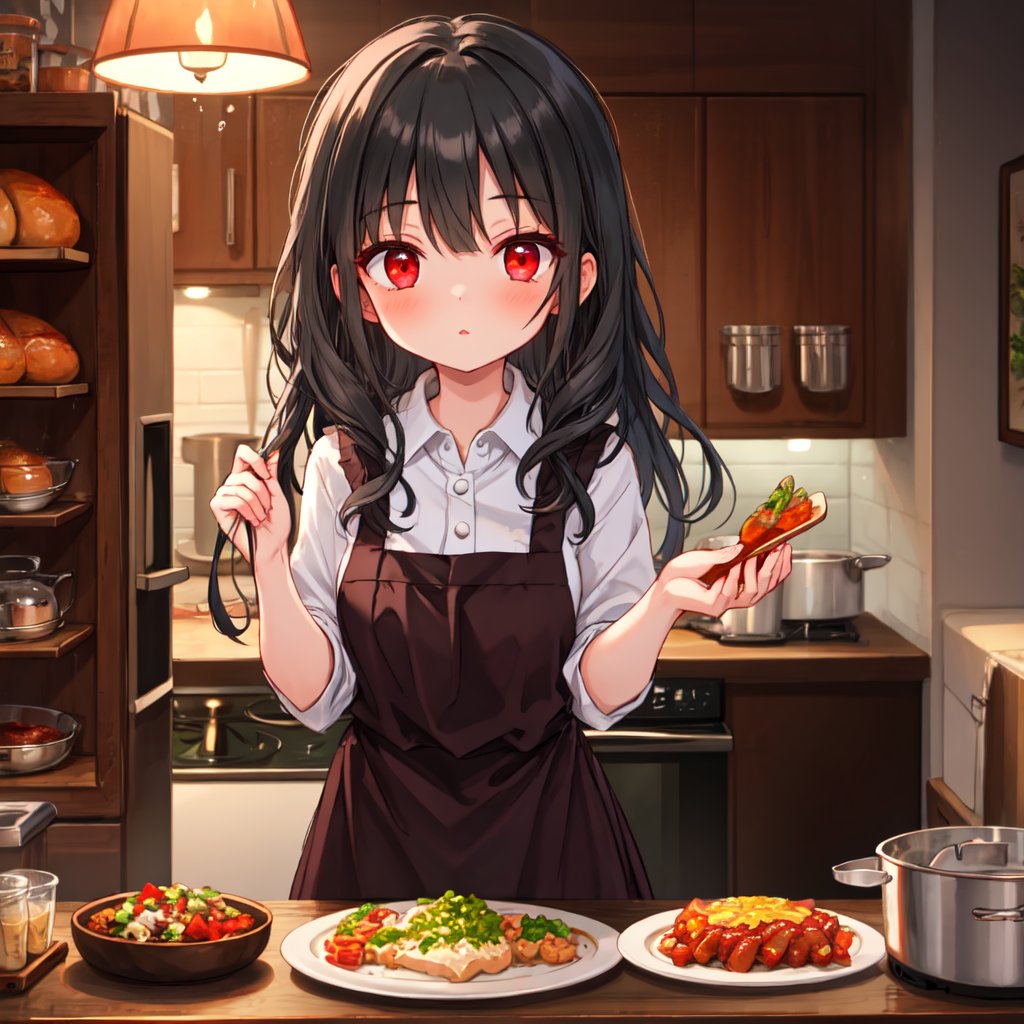 1 girl with long black hair and red eyes.
cooking table cuisine.