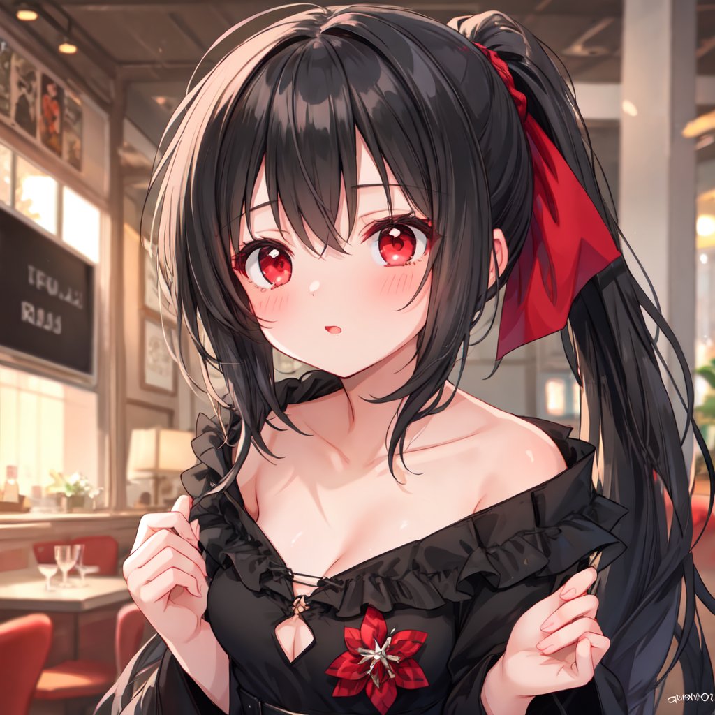 1 girl with long black hair and red eyes,single ponytail.
Incoming kiss.