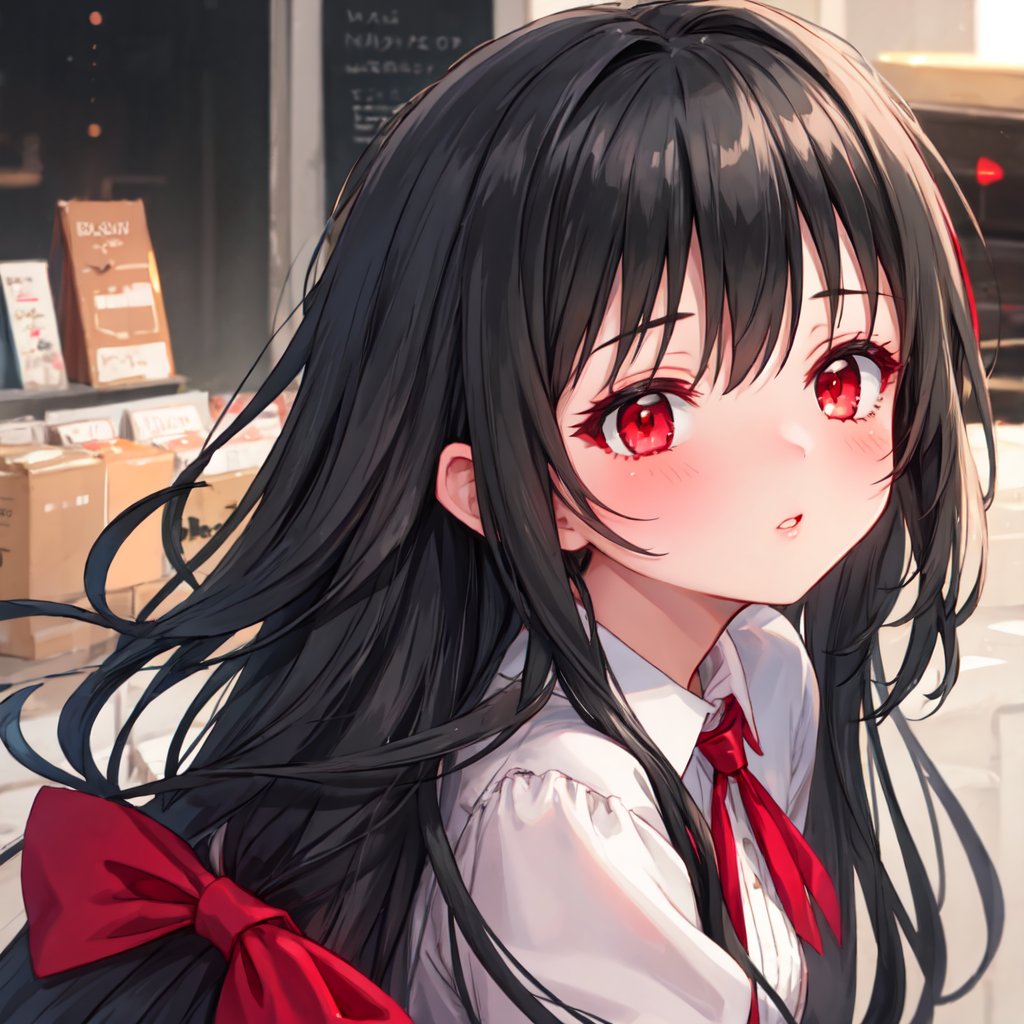 1 girl with long black hair and red eyes,Incoming kiss