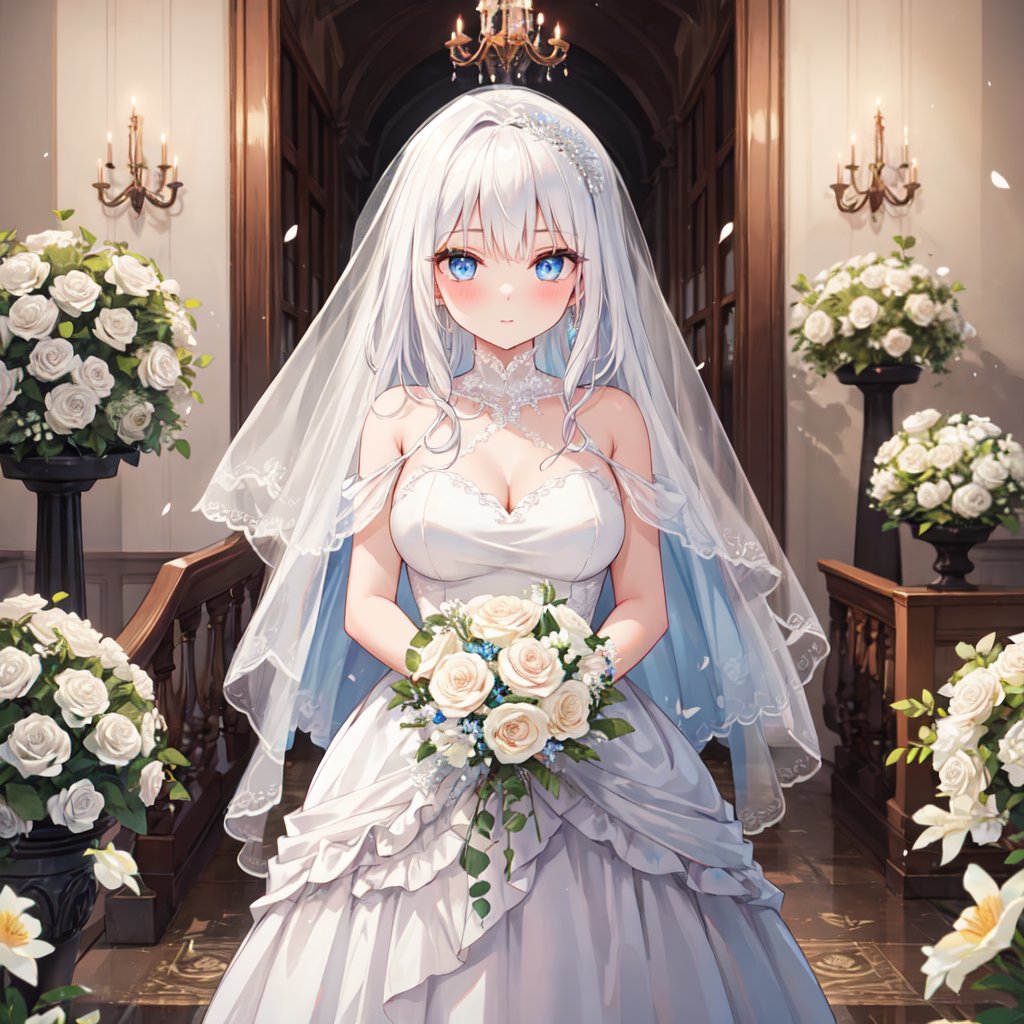 1 woman with long white hair and beautiful detailed blue eyes.
Dressed as a bride Get the bouquet.