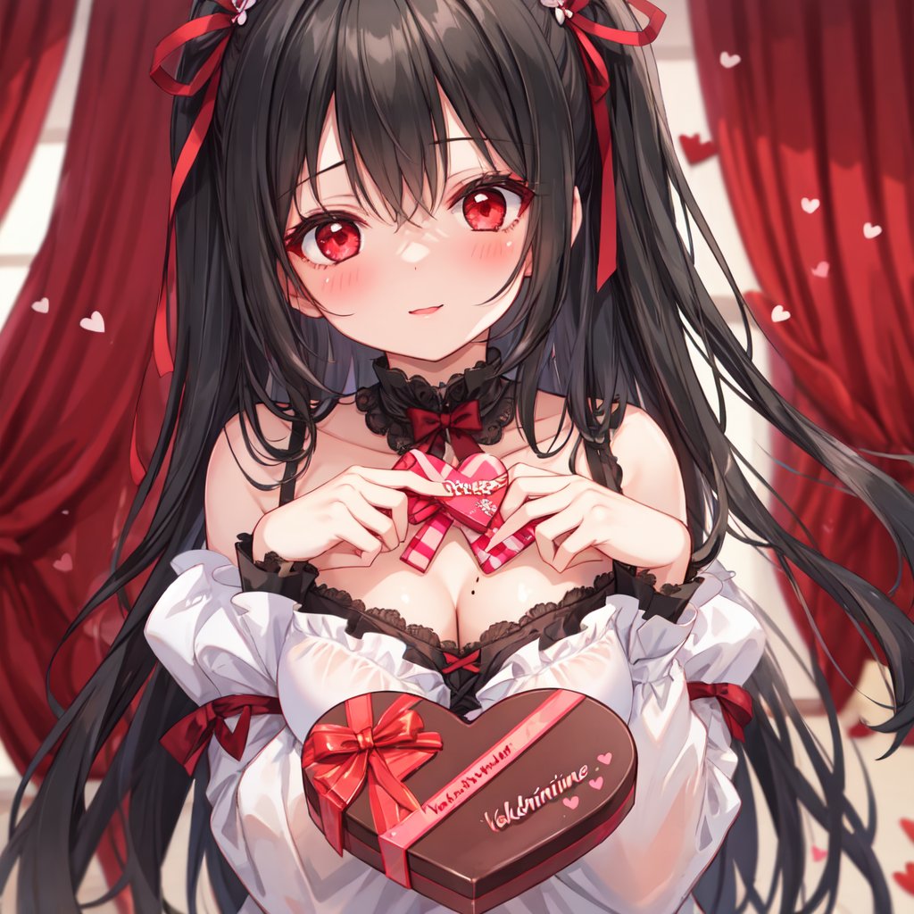 1 girl with long black hair and red eyes.
Valentine's Day Give chocolates.