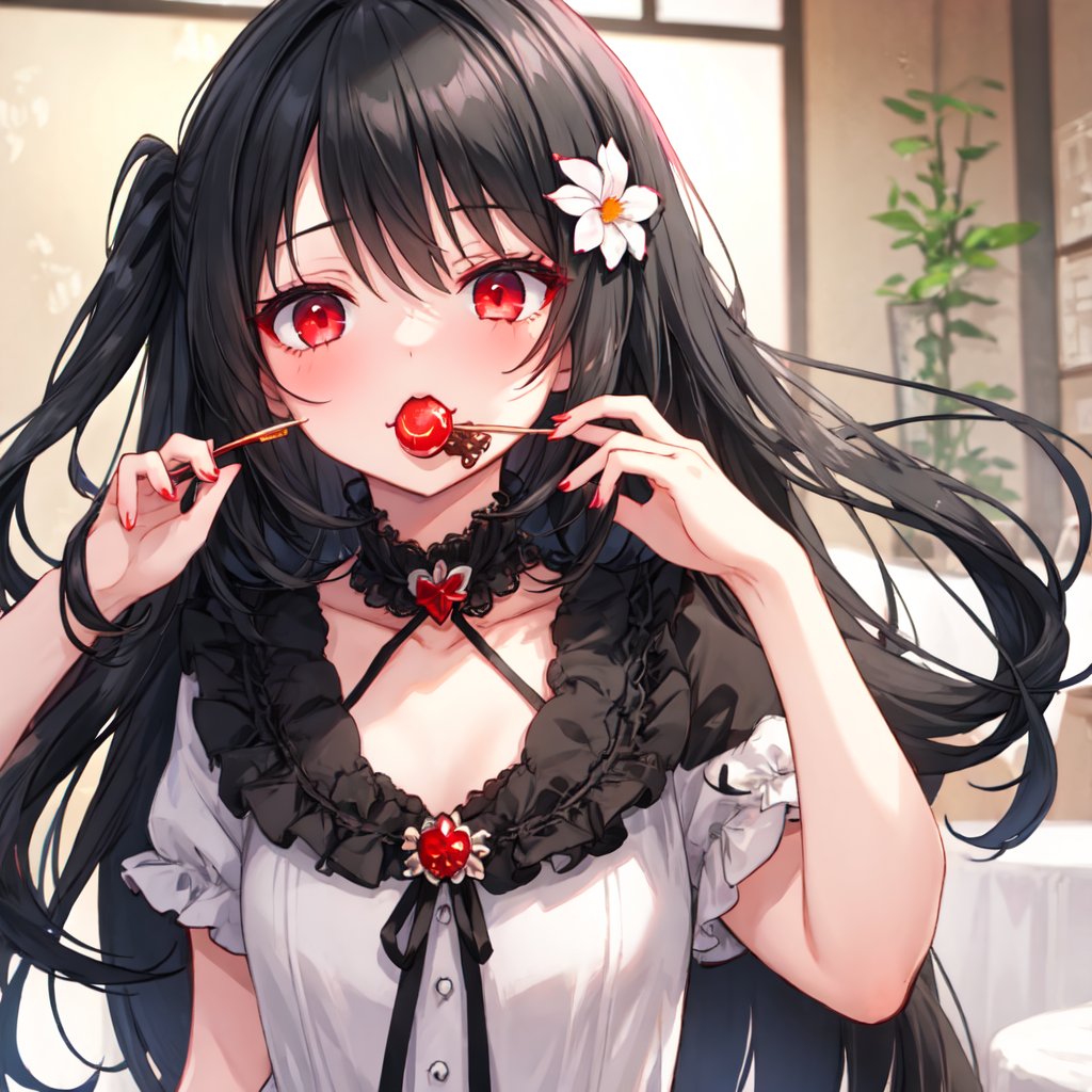 1 girl with long black hair and red eyes,eat sweets.